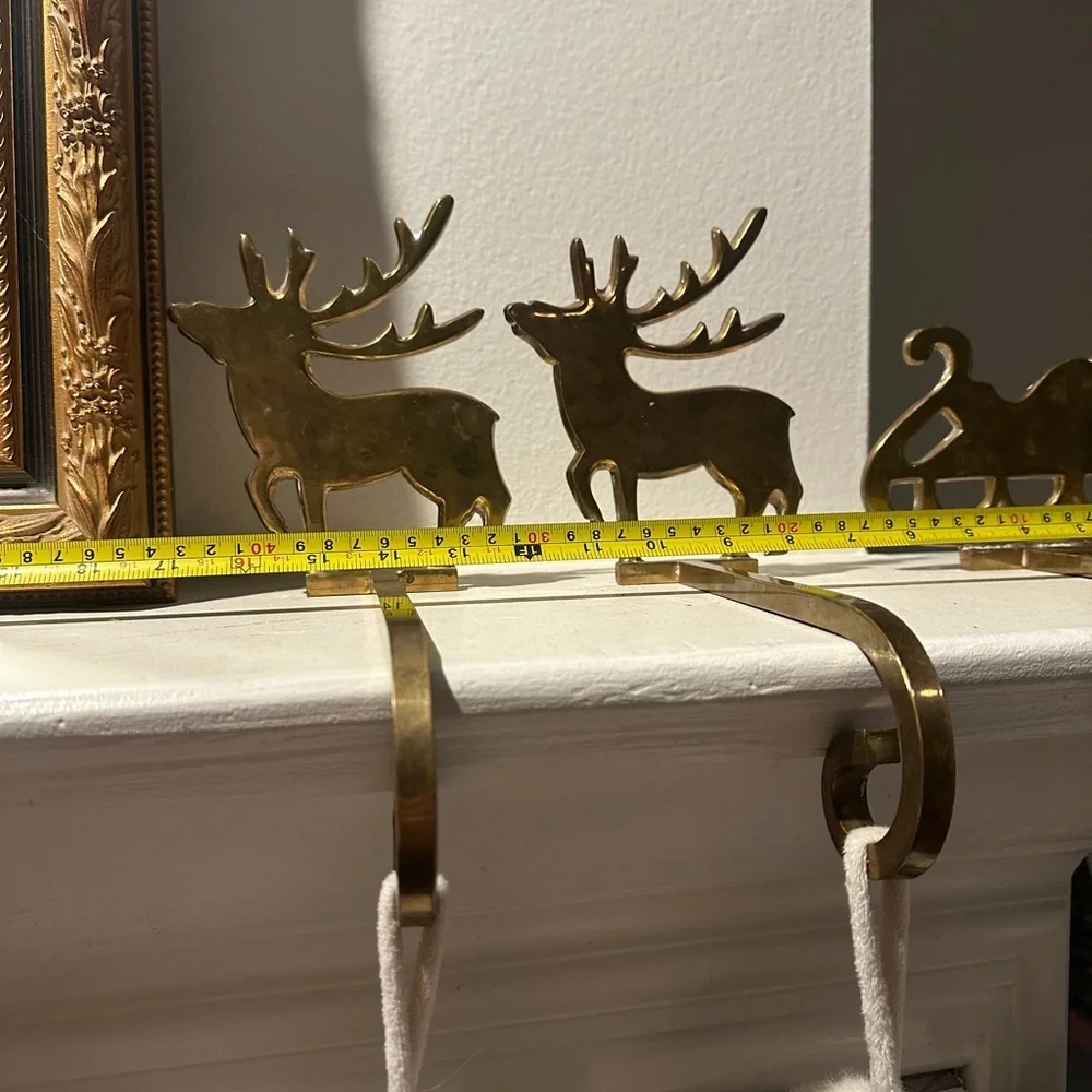 Vintage Brass Gold Reindeer and Sleigh Stocking Hangers for Christmas - Picture 10 of 12